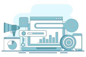 search engine optimization concepts, SEO, search engine optimization algorithms, data monitoring and analysis, business marketing, SEO link building strategies. flat illustration on background. vector