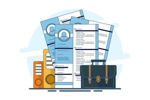 Recruitment job concept. Online job interview, HR Manager looking for potential job candidates and analyzing CV, applying for job positions, job recruitment process. Flat illustration. vector