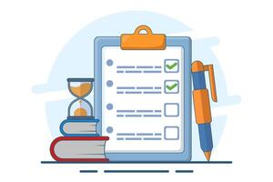 Exam concept, exam paper with timer and hourglass, Exam, Survey, Checklist, Test, Assignment deadline, exam preparation, subject learning course, education concept. flat illustration. vector