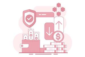 Concept of Mobile wallet or saving money online. online banking infographics, mobile bill payments, start-up business projects, online surveys, business planning. flat illustration. vector