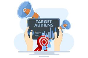 Target audience concept, advertising placement on social networks in smartphone applications, customer outreach, digital targeting marketing, business goals, sales generation. flat illustration. vector