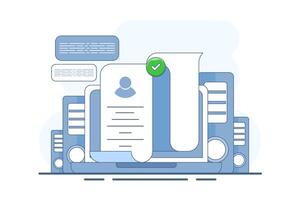 Recruitment job concept. Online job interview, HR Manager looking for potential job candidates and analyzing CV, applying for job positions, job recruitment process. Flat illustration. vector