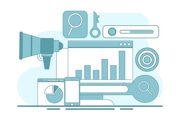 search engine optimization concepts, SEO, search engine optimization algorithms, data monitoring and analysis, business marketing, SEO link building strategies. flat illustration on background.