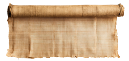 Ancient scroll made of papyrus found in an archaeological site, unrolled and partially displaying text from ancient civilization, cut out - stock . png