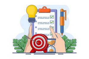 concept of achieving goals, business development ideas and strategies, entrepreneurship and time management, success, strategic business planning. Achieve the target. Cartoon flat illustration vector