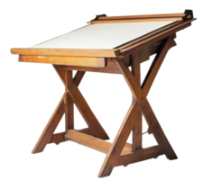 Wooden drafting table with adjustable surface in a well-lit workspace, cut out - stock . png