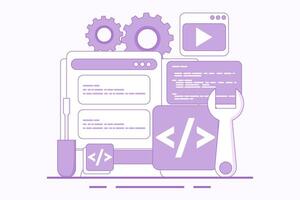 Web development concept, website builder, app development, website maintenance concept, building website project, app or website development, landing page template flat line . vector