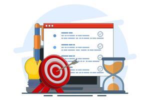 concept of achieving goals, business development ideas and strategies, entrepreneurship and time management, success, strategic business planning. Achieve the target. Cartoon flat illustration vector