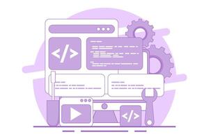 Web development concept, website builder, app development, website maintenance concept, building website project, app or website development, landing page template flat line . vector