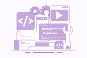 Web development concept, website builder, app development, website maintenance concept, building website project, app or website development, landing page template flat line . vector