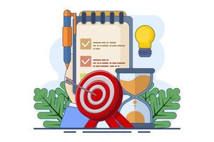 concept of achieving goals, business development ideas and strategies, entrepreneurship and time management, success, strategic business planning. Achieve the target. Cartoon flat illustration vector