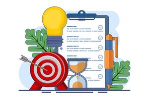 concept of achieving goals, business development ideas and strategies, entrepreneurship and time management, success, strategic business planning. Achieve the target. Cartoon flat illustration vector