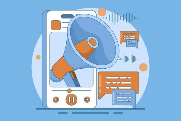 The audio marketing concept uses sound-based content, streaming podcasts, and other sound productions to promote brands. Audio advertising digital content strategy, flat illustration.