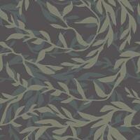 Camouflage plant leaves, hand drawn seamless pattern. Ink texture with tree branches. Camo with twig. Black and gray grunge drawing. Botanical textile, wrapping paper vector