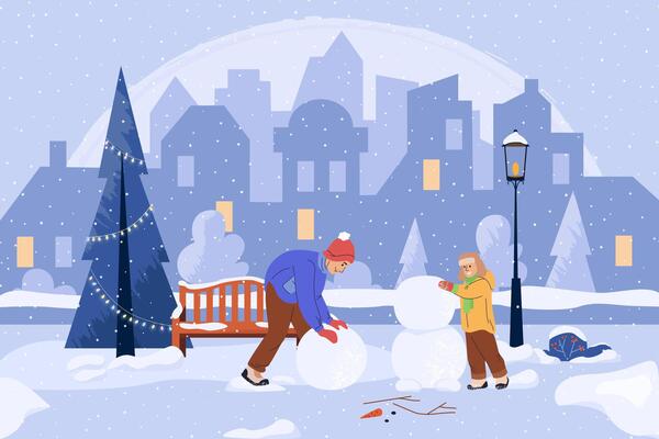 Happy father with son together building snowman. Cute family having fun in winter time holidays. Landscape with Christmas tree, bench in snow in cold freezing weather. Flat cartoon illustration