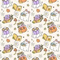 Groovy Retro Ghost Reading Book Halloween Seamless Pattern Playful Trendy Bookish Cartoon doodle vector
