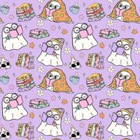 Groovy Halloween Seamless Pattern Trendy Bookish ghost reading book isolated on background vector