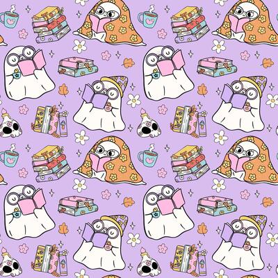 Groovy Halloween Seamless Pattern Trendy Bookish ghost reading book isolated on background