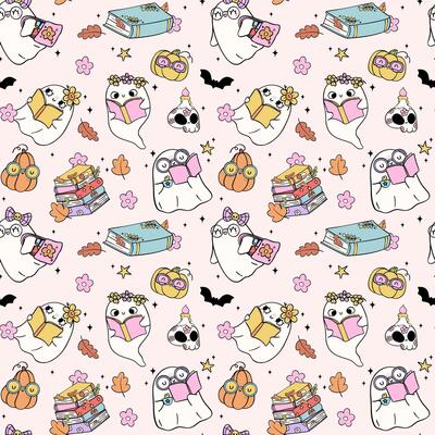 Groovy Girl Ghost Reading Book Halloween Seamless Pattern Playful Trendy Bookish Cartoon doodle
