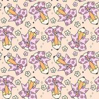 Groovy School Pencil with Bow Flower Power Retro School Seamless Pattern vector