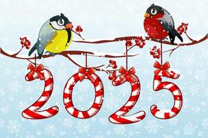 Cartoon bird tit and bullfinch on branch, lollipops or candys 2025.Happy New Year illustration for your calendar, print or greeting card vector