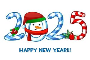 Happy new year 2025, lollipops and snowman. Numbers candy for your calendar, print, sticker or greeting card vector