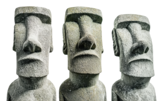Three ancient stone statues with distinct features, cut out - stock . png