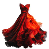 Elegant red gown with flowing layers on display png