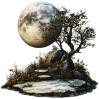 A serene night with a large moon and ancient tree png