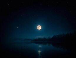a full moon is seen over a lake at serene night scene of sharad purnima photo