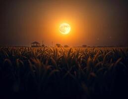 a full moon is shining and seen over a field that ready to harvest celeberate sharad purnima photo
