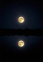 a full moon is reflected in the water and shining on the dark night sky of sharad purnima photo