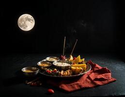 a traditional thali plate with food offering and incense stick with a full moon in the background photo