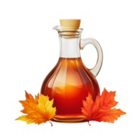 Maple syrup in a glass bottle with autumn leaves png