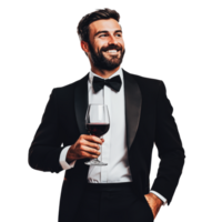 Man in tuxedo toasting with red wine png