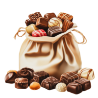 Assorted chocolates in a fabric bag on display png