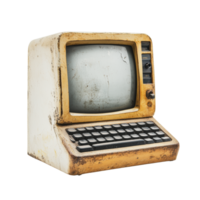 Vintage computer with worn keyboard on display png