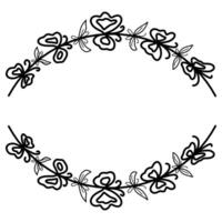 Beautiful wreath with foliage and twigs. Elegant border design, decoration element. Floral frame with linear leaves in a circle. Illustration, doodle style vector