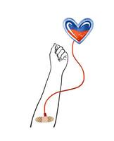 Set with hands donor gives blood from a vein. Volunteers. Blood vector