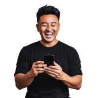 Happy man enjoying smartphone in a casual setting png