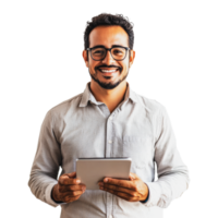 Smiling man holding a tablet in a bright setting png