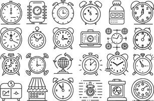 alarm clock icon set. Time, date and address concept. editable stroke outline icons set. vector