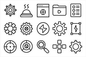 Settings or Setup outline icons with editable stroke collection. Includes Cogwheel, Web Development, Security, Customization, Preferences, and More. vector