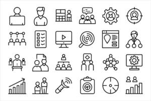 Action plan icon set. Containing planning, schedule, strategy, analysis, tasks, goal, collaboration and objective icons. editable stroke outline icons set. vector