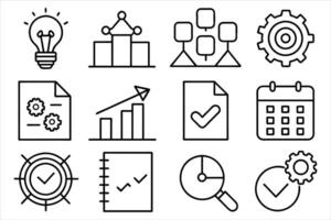 Action plan icon set. Containing planning, schedule, strategy, analysis, tasks, goal, collaboration and objective icons. editable stroke outline icons set. vector