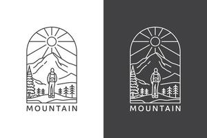 A minimalist line art illustration depicting a hiker standing in front of a mountain with the sun in the background. vector