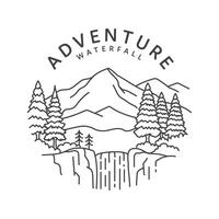 A simple line drawing logo depicting a waterfall in a mountain landscape with a forest in the foreground. vector