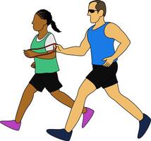 During a road run or marathon, a visually impaired male runner and a female running guide run by holding the rope to ensure they run in sync. vector