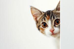 Banner Funny cat peeks out from behind the wall. Copy space. Cat looks out, cat on white background peeks around the corner. A smart, playful and curious kitten looks into the camera. photo