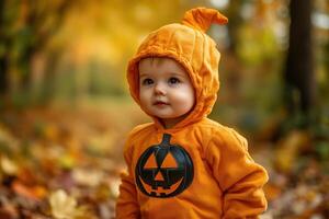a child with Halloween pumpkin costume in autumn background photo